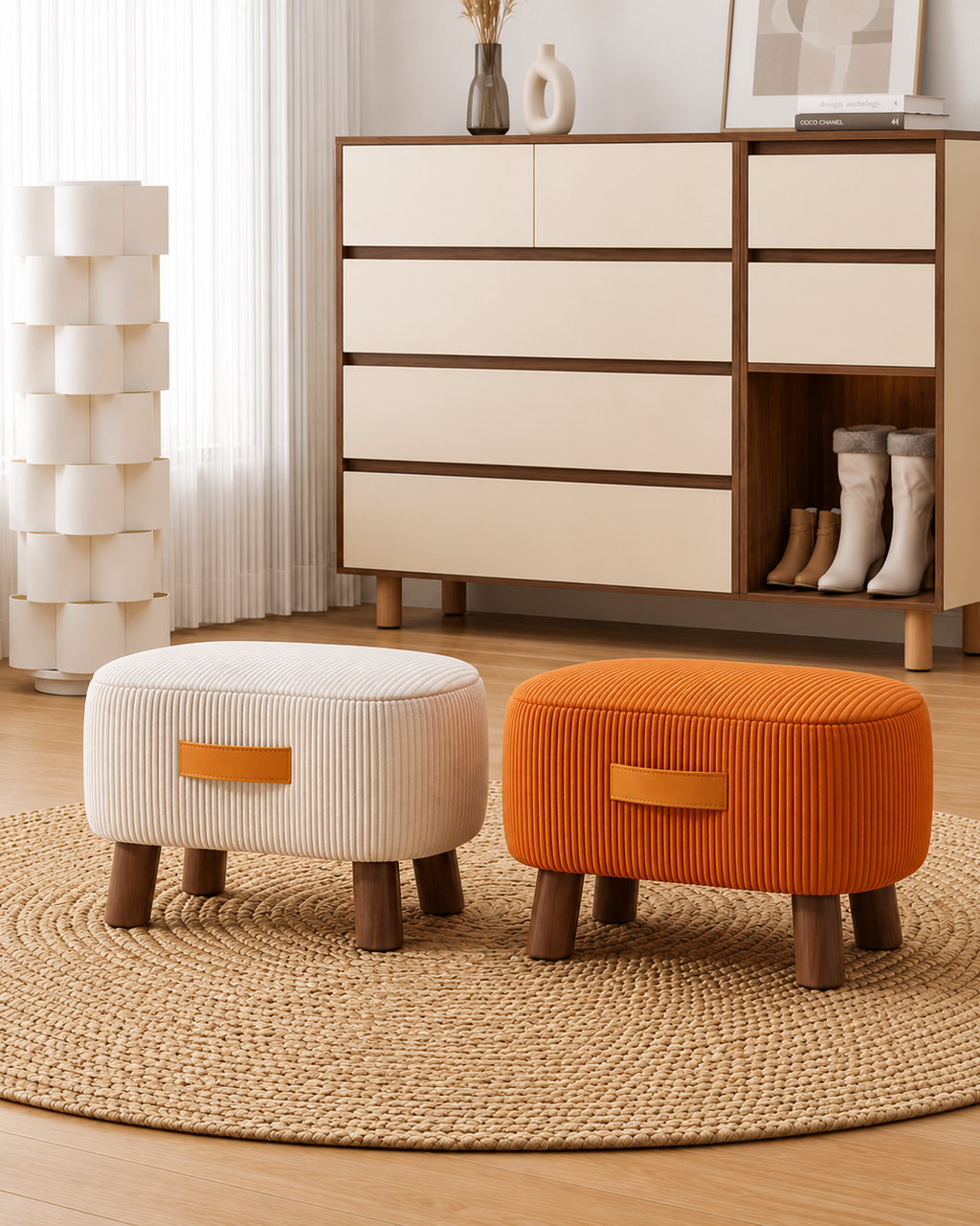 Nordic-Style Low Velvet Corduroy Ottoman