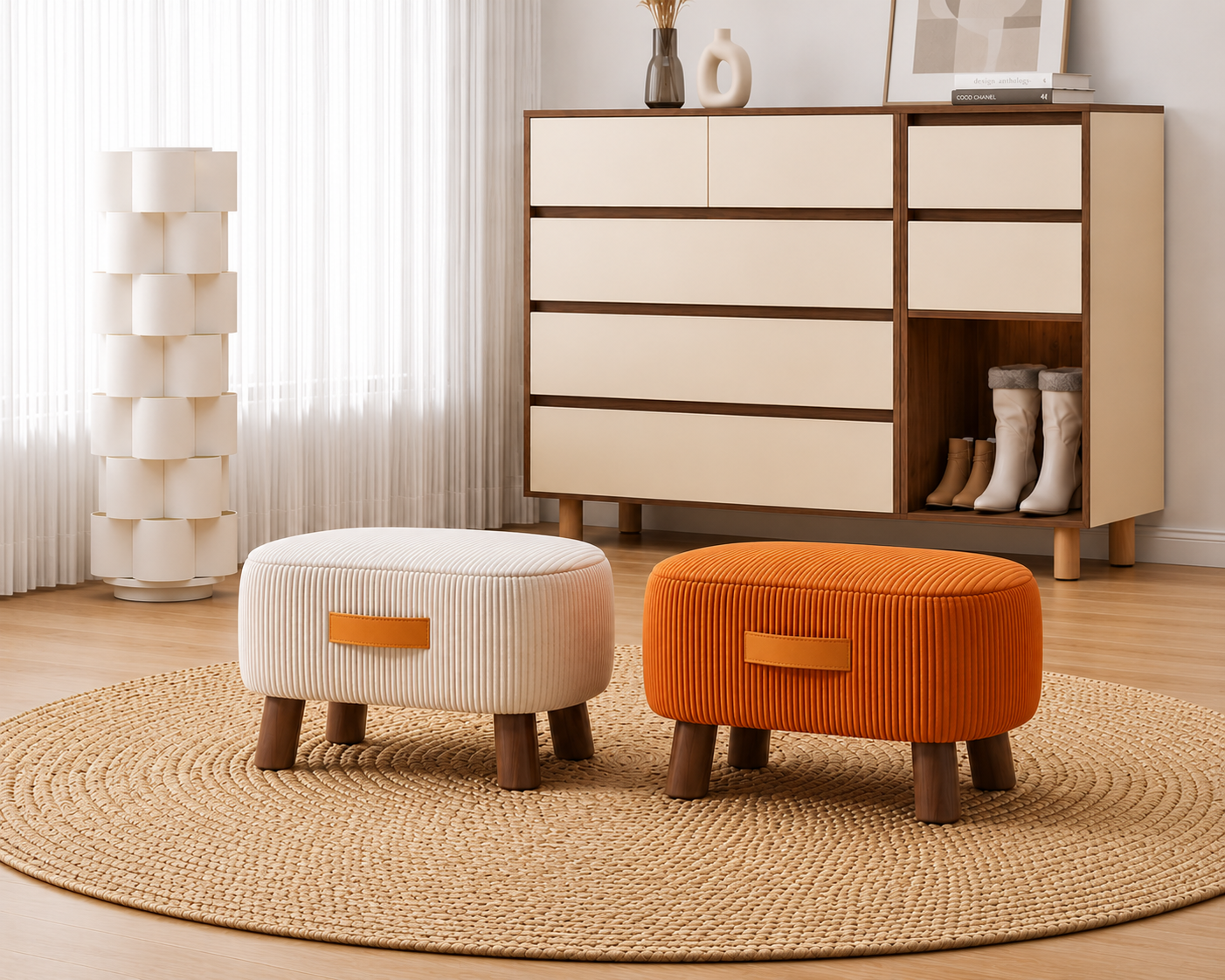 Nordic-Style Low Velvet Corduroy Ottoman