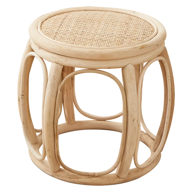 Natural Rattan Drum Stool Handwoven Entryway Shoe Bench Vintage Wicker Ottoman No Paint Eco-Friendly Small Round Footrest