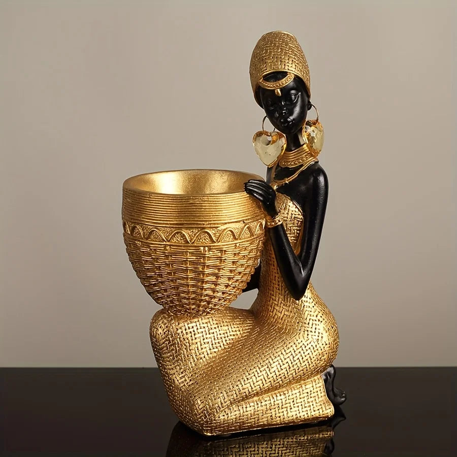 Resin Sculpture of an African Woman  Gold and Black