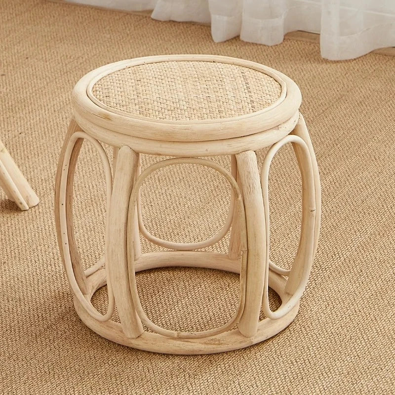 Natural Rattan Drum Stool Handwoven Entryway Shoe Bench Vintage Wicker Ottoman No Paint Eco-Friendly Small Round Footrest