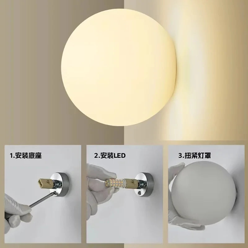 Smooth/Frosted Glass Ball Milky Wall Lamp Living Room Balcony Aisle Entrance Study Concealed Base White Round Ball Wall Sconce