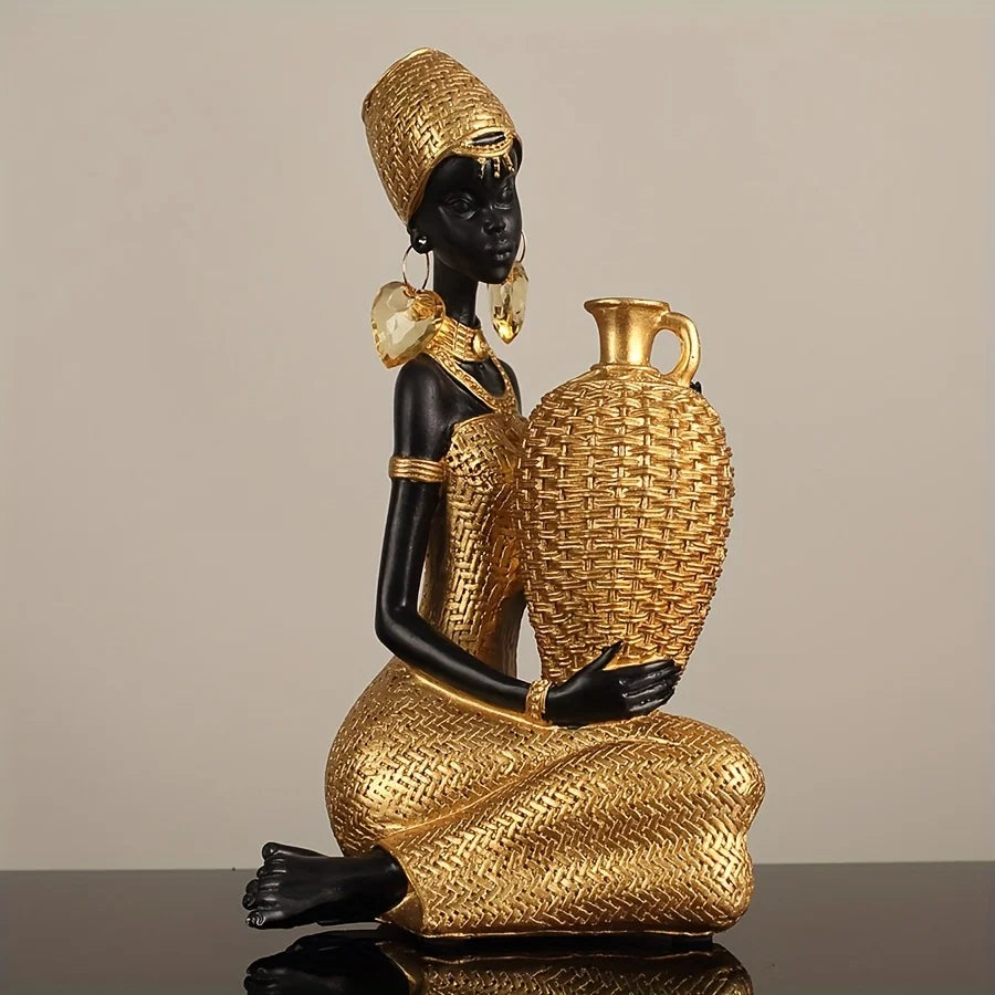 Resin Sculpture of an African Woman  Gold and Black