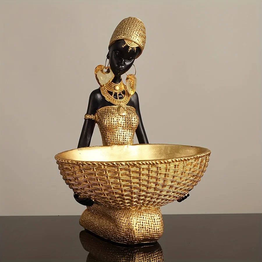 Resin Sculpture of an African Woman  Gold and Black