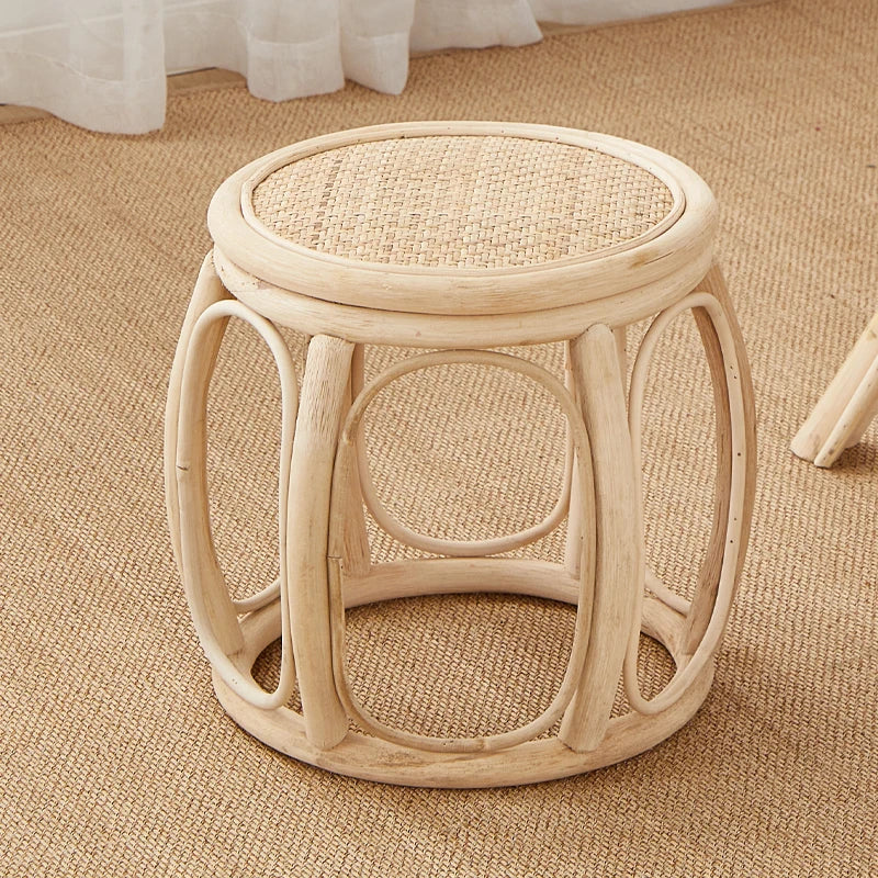 Natural Rattan Drum Stool Handwoven Entryway Shoe Bench Vintage Wicker Ottoman No Paint Eco-Friendly Small Round Footrest