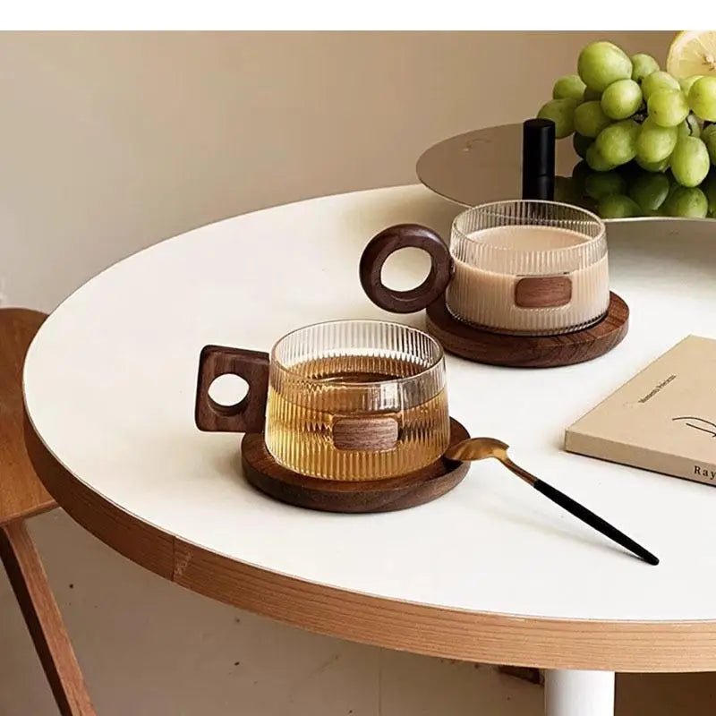 Wooden Handle Glass Mug Solid Wood Coaster Breakfast Cup Oat Milk Cups Coffee Household Water Tea