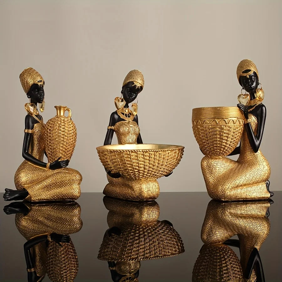 Resin Sculpture of an African Woman  Gold and Black
