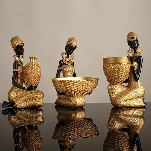 Resin Sculpture of an African Woman  Gold and Black