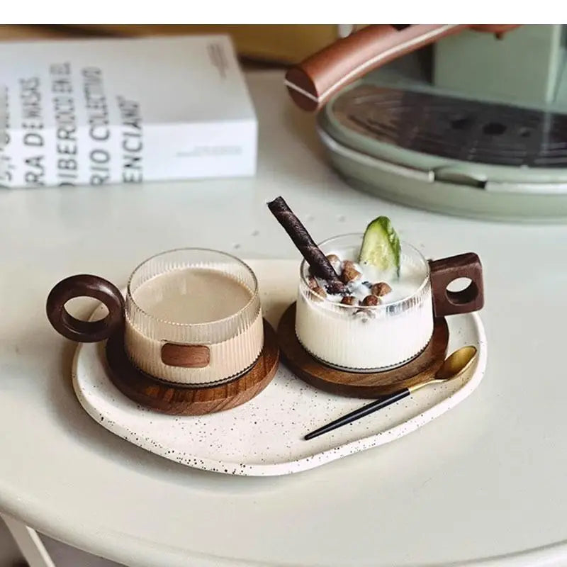 Wooden Handle Glass Mug Solid Wood Coaster Breakfast Cup Oat Milk Cups Coffee Household Water Tea
