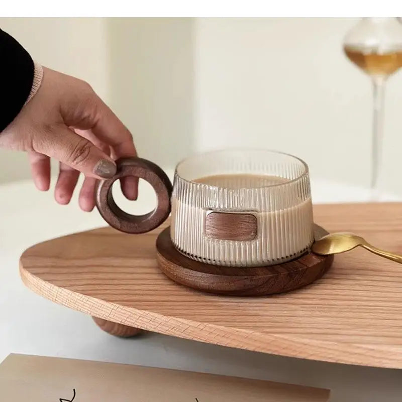 Wooden Handle Glass Mug Solid Wood Coaster Breakfast Cup Oat Milk Cups Coffee Household Water Tea