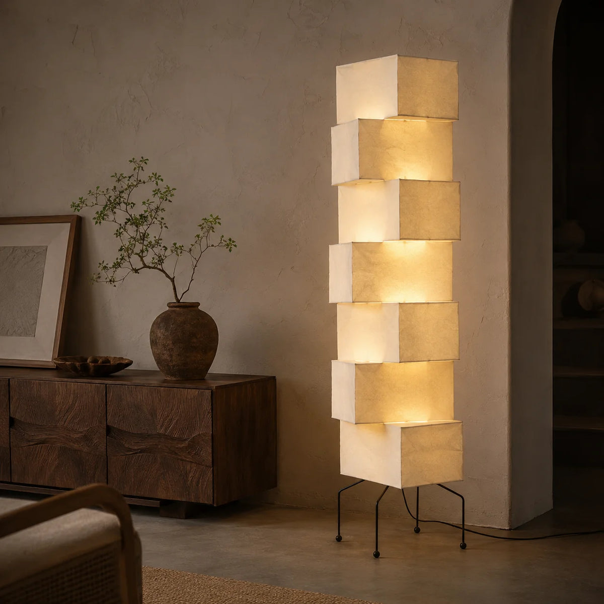 Wabi Sabi Sculptural Floor Lamp Japanese Paper Lantern Standing Light for Bedroom Living Room Decor