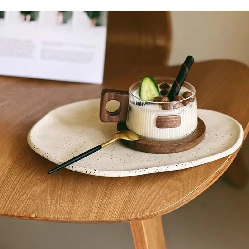 Wooden Handle Glass Mug Solid Wood Coaster Breakfast Cup Oat Milk Cups Coffee Household Water Tea